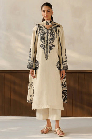BAROQUE- 3PC EMBROIDERED DHANAK SHIRT WITH PRINTED SHAWL AND TROUSER - RB11226