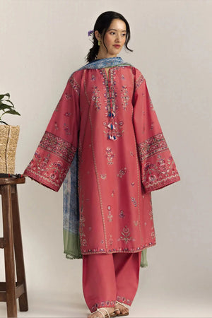 ZARA SHAHJAHAN- 3PC EMBROIDERED DHANAK SHIRT WITH PRINTED SHAWL AND TROUSER - RB11227