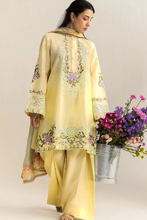 ZARA SHAHJAHAN -3PC EMBROIDERED DHANAK SHIRT WITH PRINTED SHAWL AND TROUSER - RB11235