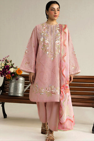 ZARA SHAHJAHAN -3PC EMBROIDERED DHANAK SHIRT WITH PRINTED SHAWL AND TROUSER - RB11237