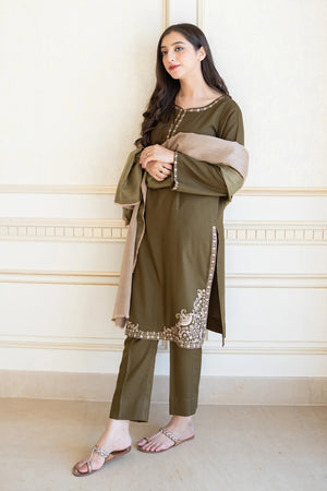 AISLING - 3PC DHANAK EMBROIDERED SHIRT WITH PRINTED SHAWL AND TROUSER - RB11256