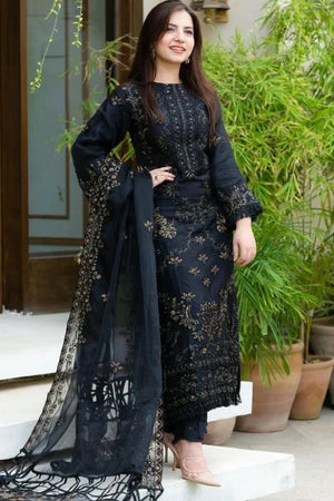 DANANEER - 3PC DHANAK EMBROIDERED SHIRT WITH ORGANZA EMBROIDERED DUPATTA AND TROUSER - RB11257