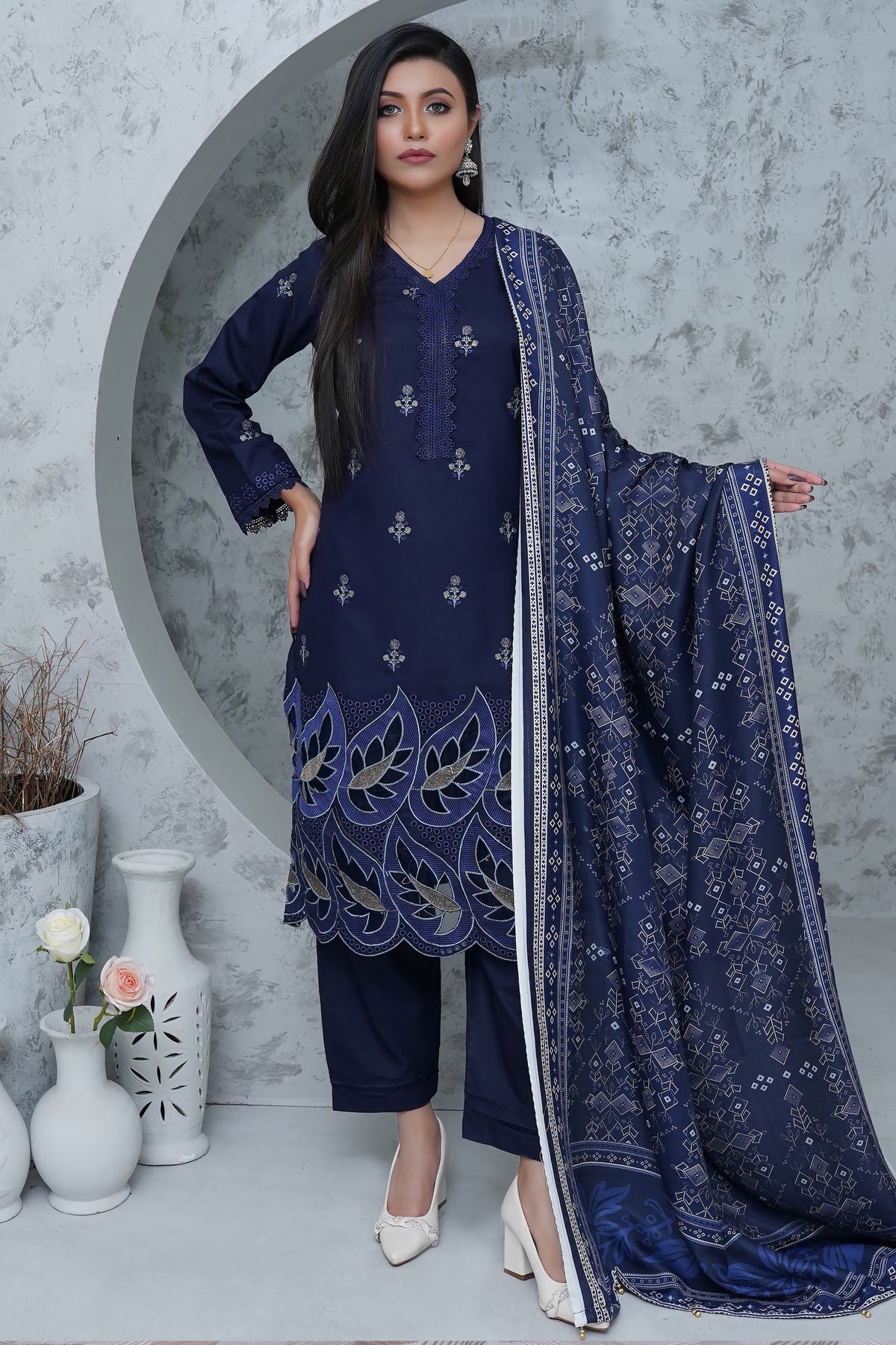 BAKHIYA - 3PC DHANAK EMBROIDERED LASER CUTTING SHIRT WITH PASHMINA SHAWL AND TROUSER - RB11109