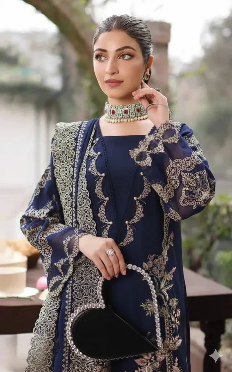 KAHF - 3PC EMBROIDERED SHIRT WITH CHIFFON EMBROIDERED DUPATTA AND TROUSER - RB11199