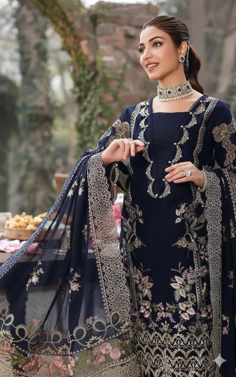 KAHF - 3PC EMBROIDERED SHIRT WITH CHIFFON EMBROIDERED DUPATTA AND TROUSER - RB11199