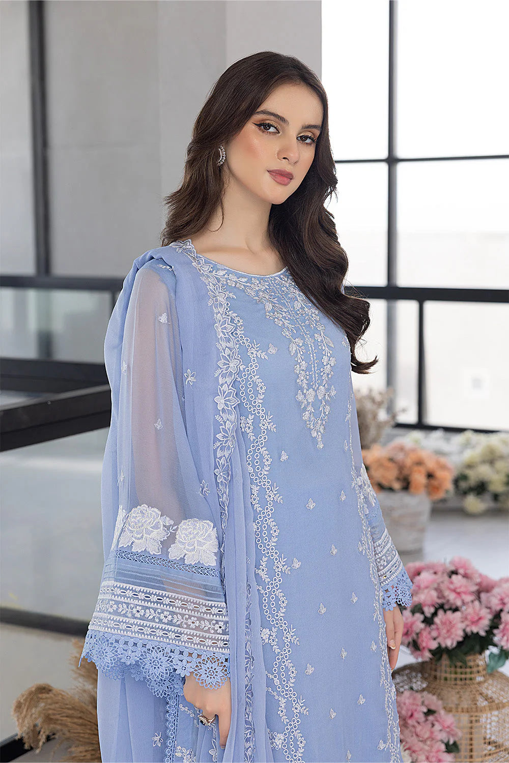 AZURE - 3PC LAWN EMBROIDERED SHIRT WITH ORGANZA EMBROIDERED DUPATTA AND TROUSER - RB11058