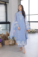 AZURE - 3PC LAWN EMBROIDERED SHIRT WITH ORGANZA EMBROIDERED DUPATTA AND TROUSER - RB11058