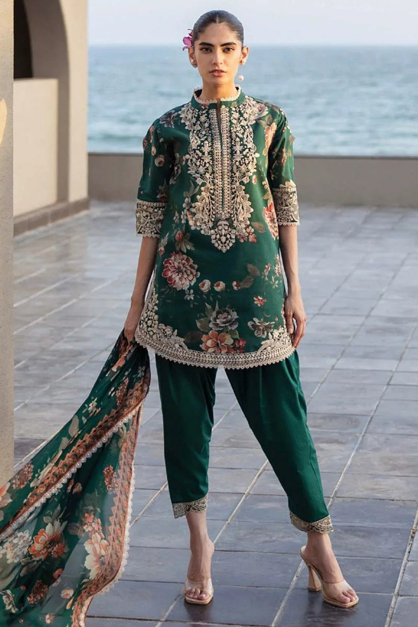 ZAINAB CHOTTANI - 3PC PRINTED SHIRT WITH PATCHES AND CHIFFON DUPATA AND TROUSER - RB11173