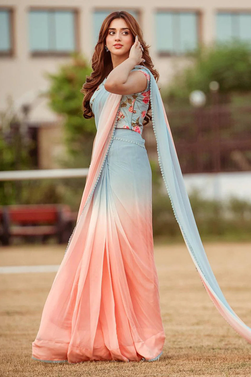 JANNAT - FLORAL SILK BLOUSE WITH CHIFFON TWO TONED DYED SAREE