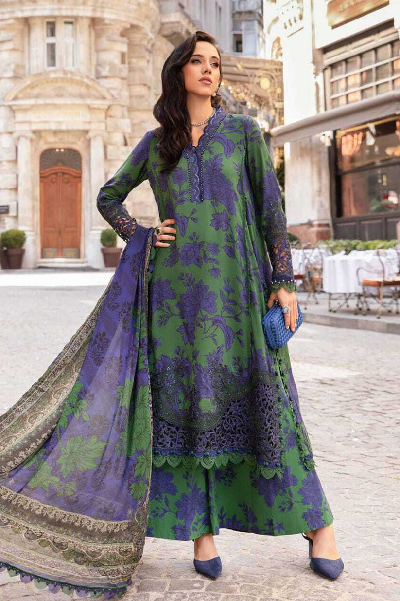 MARIA B - 3PC PRINTED SHIRT WITH PATCHES AND CHIFFON DUPATA AND TROUSER - RB11172