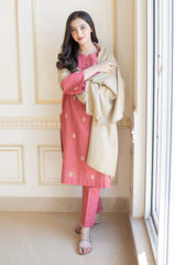 AISLING - 3PC DHANAK EMBROIDERED SHIRT WITH SLUB SHAWL AND TROUSER