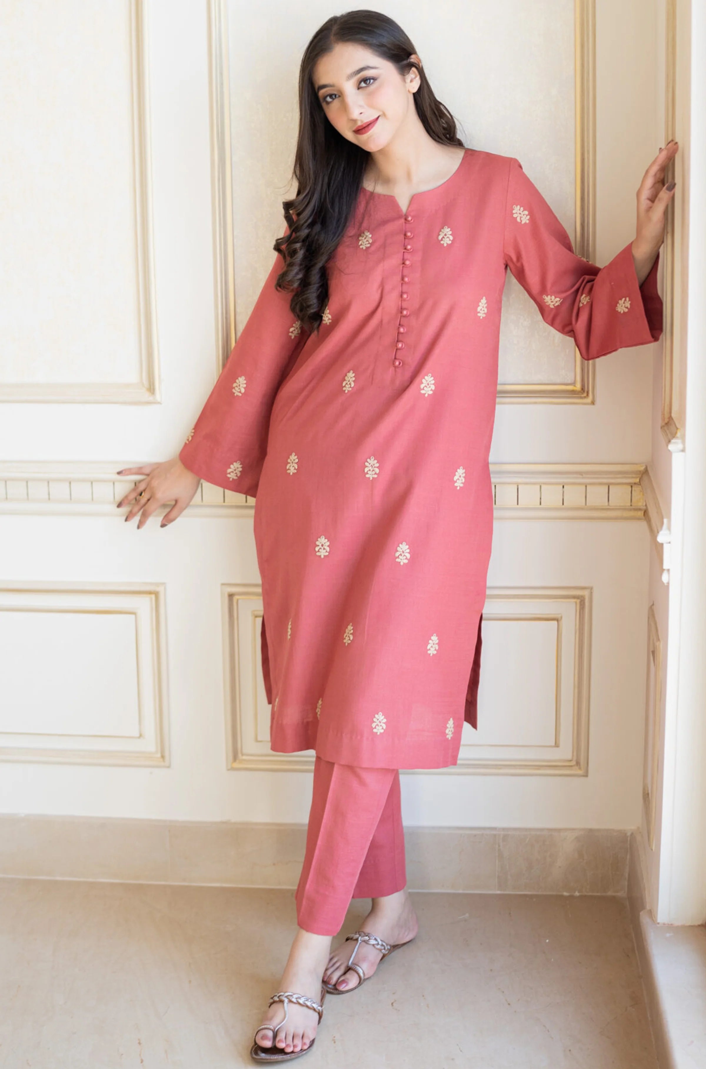 AISLING - 3PC DHANAK EMBROIDERED SHIRT WITH SLUB SHAWL AND TROUSER