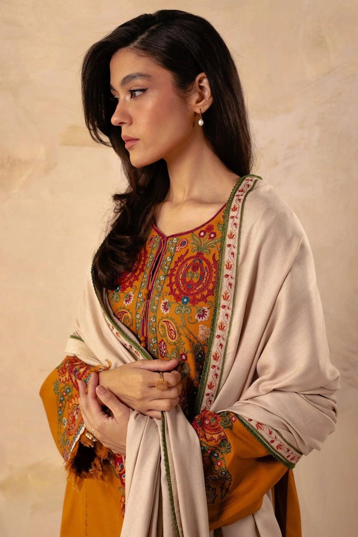 ZARA SHAH JAHAN - 3PC DHANAK EMBROIDERED SHIRT WITH DHANAK EMBROIDERED SHAWL AND TROUSER