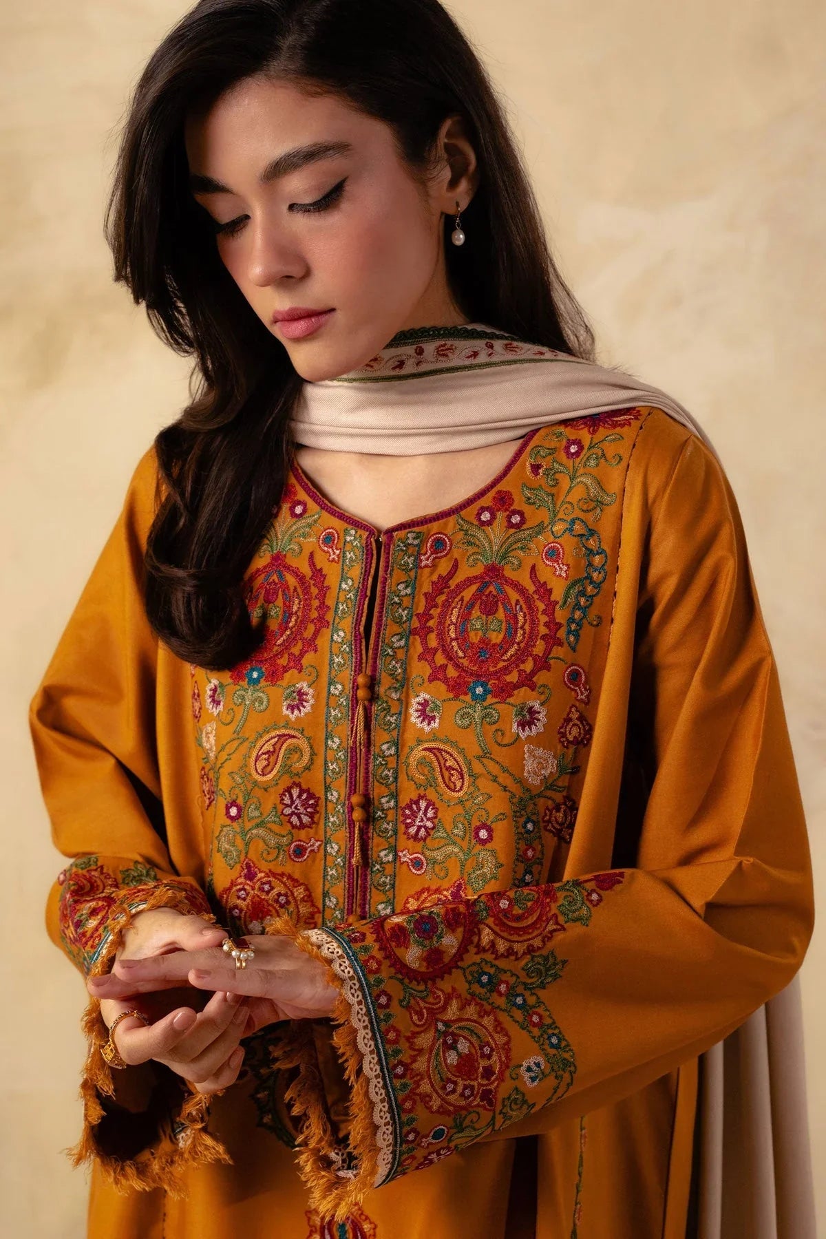 ZARA SHAH JAHAN - 3PC DHANAK EMBROIDERED SHIRT WITH DHANAK EMBROIDERED SHAWL AND TROUSER