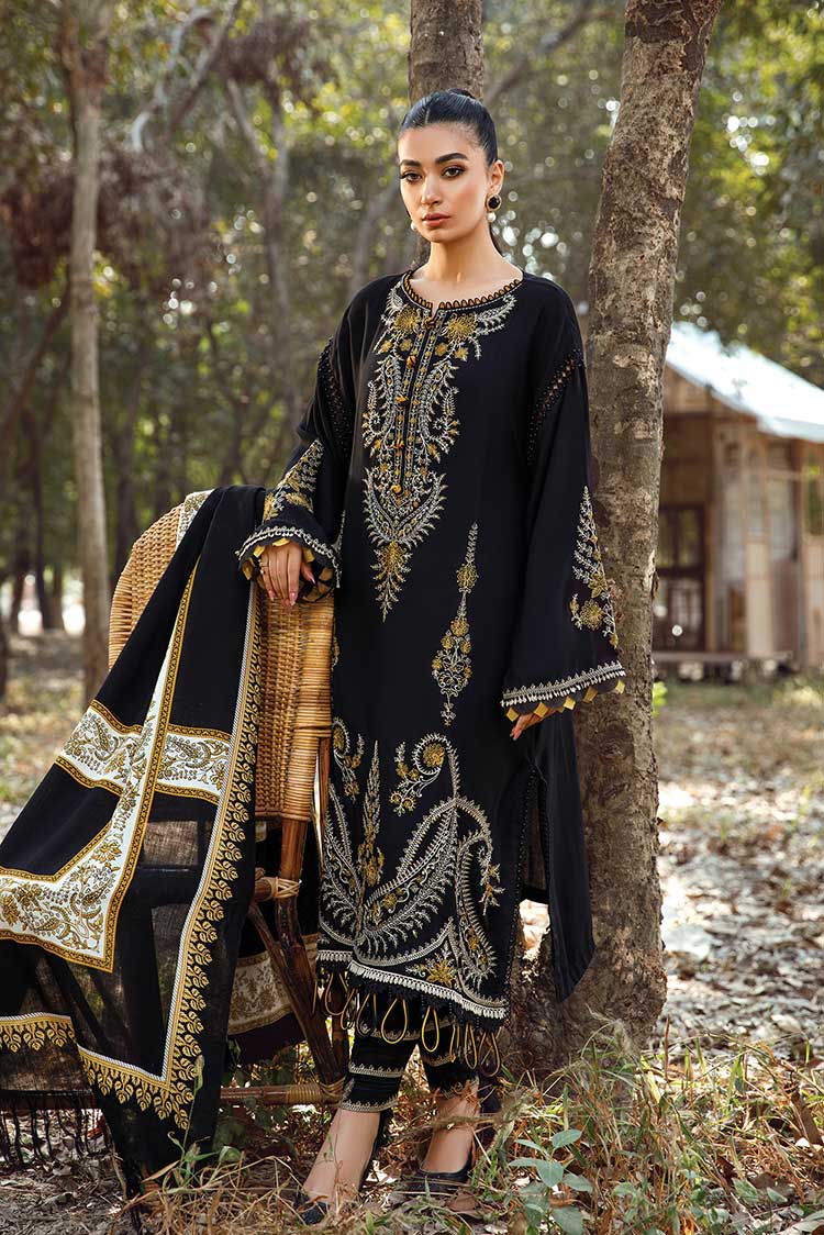 MARIA B - 3PC KHADDAR EMBROIDERED SHIRT WITH WOOL PRINTED SHAWL AND TROUSER