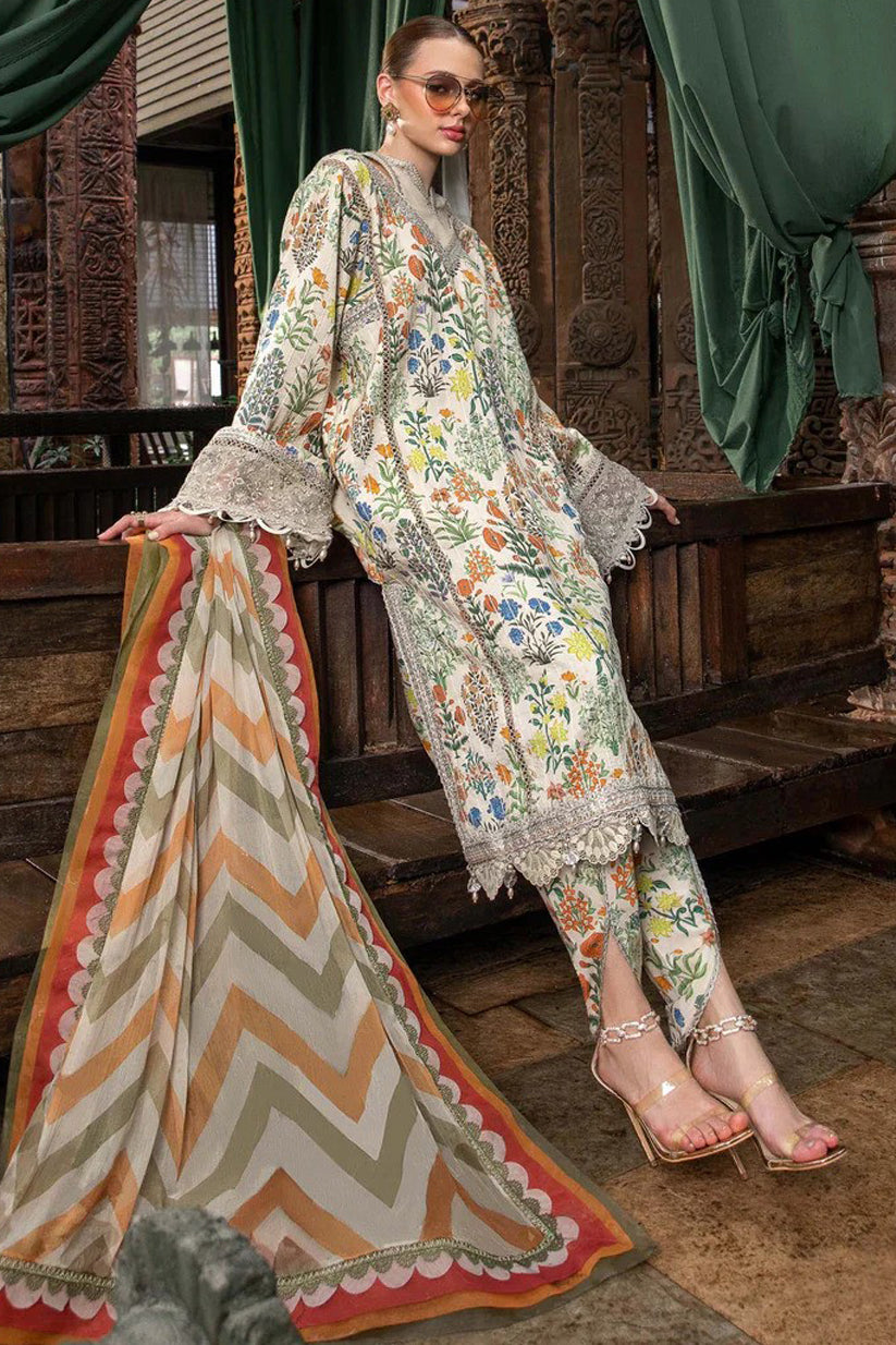 MARIA B - 3PC PRINTED SHIRT WITH PATCHES AND CHIFFON DUPATA AND TROUSER - RB11182