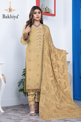 BAKHIYA - 3PC DHANAK EMBROIDERED SHIRT WITH LASER CUTTING SHAWL AND TROUSER - RB11105