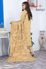 BAKHIYA - 3PC DHANAK EMBROIDERED SHIRT WITH LASER CUTTING SHAWL AND TROUSER - RB11105