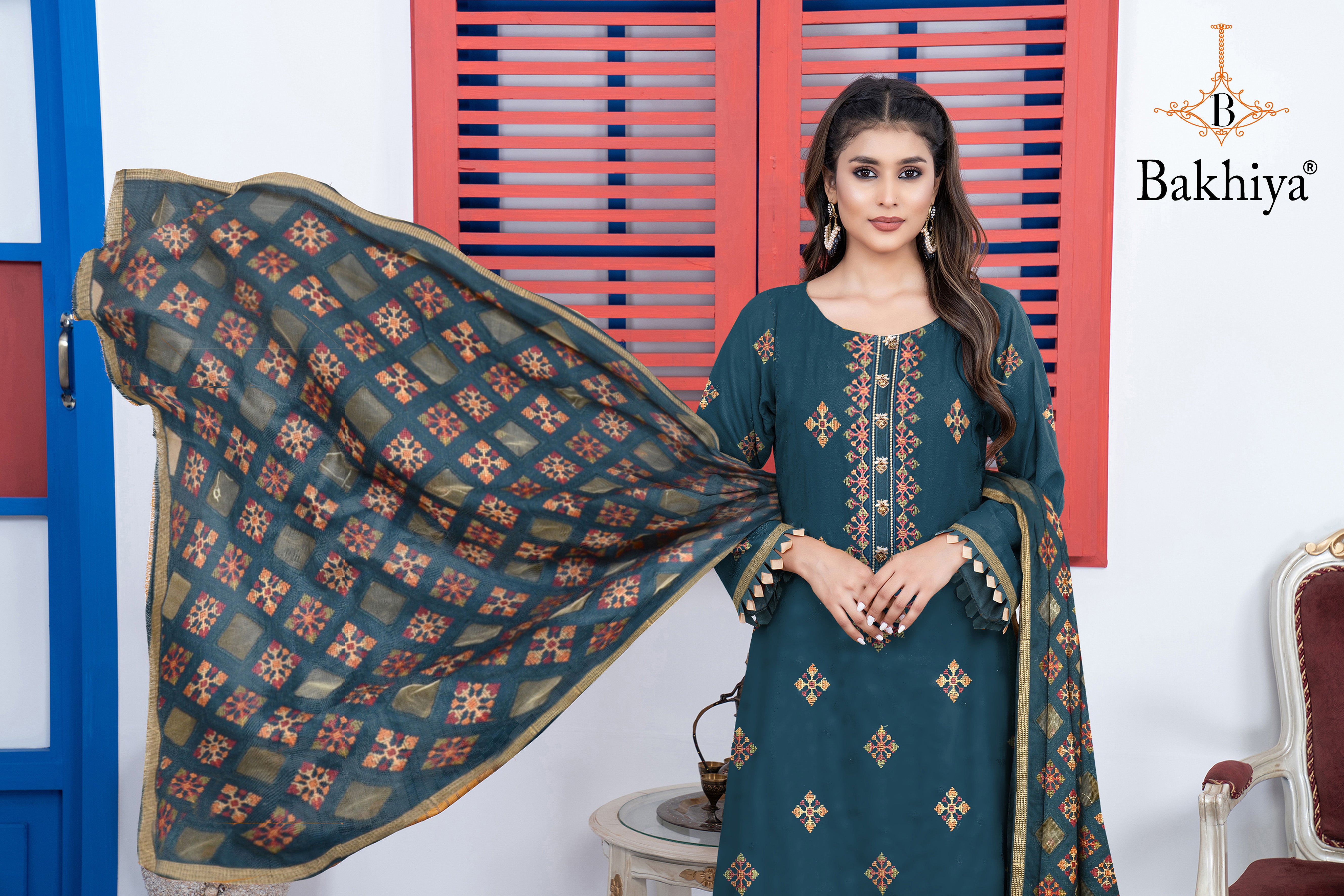 BAKHIYA - 3PC DHANAK EMBROIDERED SHIRT WITH LASER CUTTING SHAWL AND TROUSER - RB11103