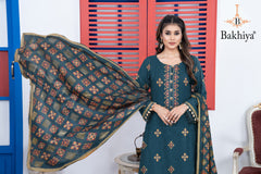 BAKHIYA - 3PC DHANAK EMBROIDERED SHIRT WITH LASER CUTTING SHAWL AND TROUSER - RB11103