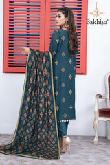 BAKHIYA - 3PC DHANAK EMBROIDERED SHIRT WITH LASER CUTTING SHAWL AND TROUSER - RB11103