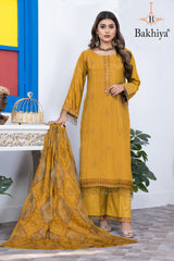 BAKHIYA - 3PC DHANAK EMBROIDERED SHIRT WITH LASER CUTTING SHAWL AND TROUSER - RB11100