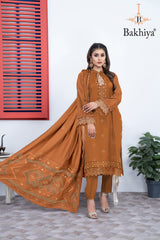 BAKHIYA - 3PC DHANAK EMBROIDERED SHIRT WITH LASER CUTTING SHAWL AND TROUSER - RB11102