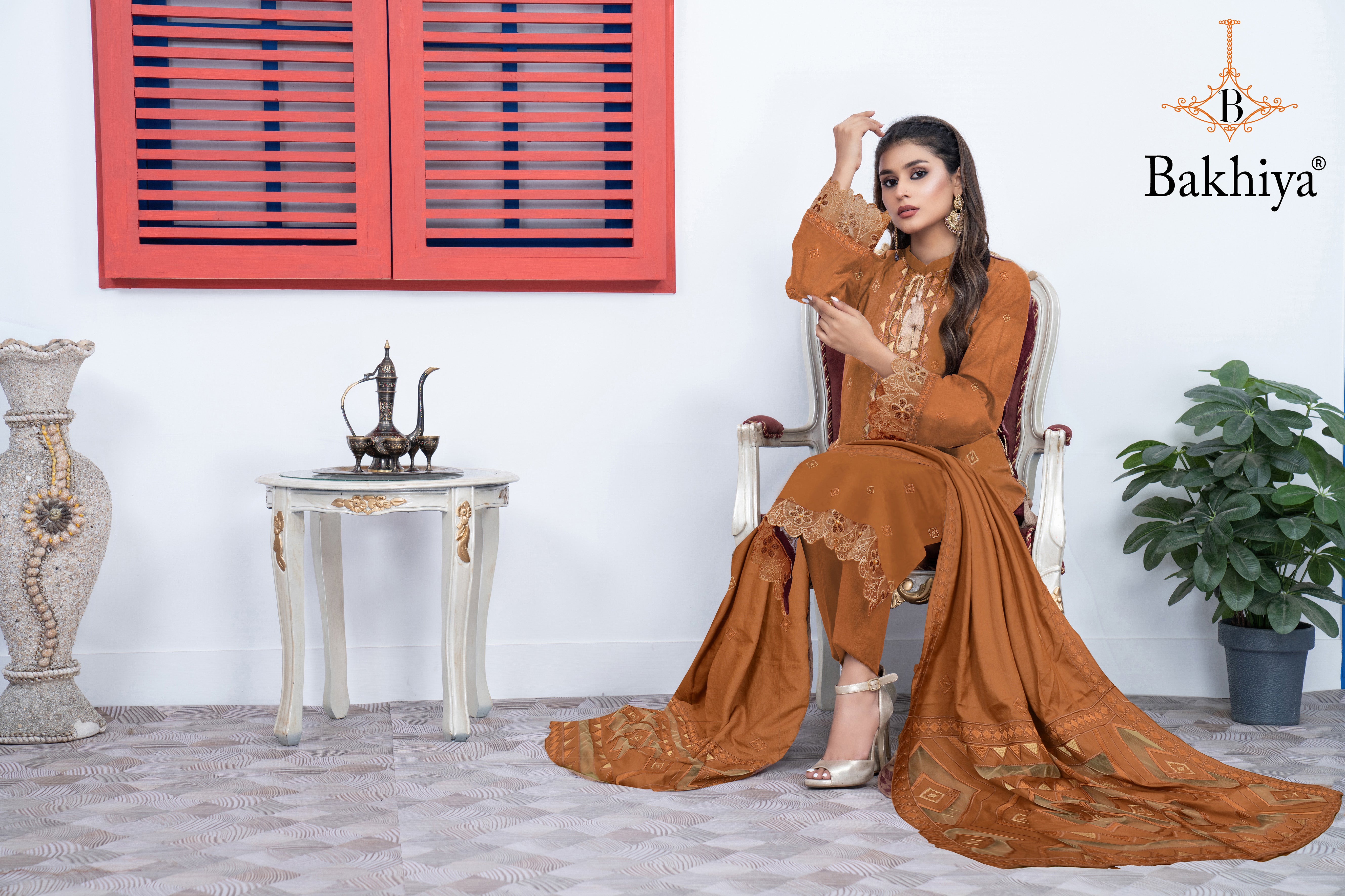 BAKHIYA - 3PC DHANAK EMBROIDERED SHIRT WITH LASER CUTTING SHAWL AND TROUSER - RB11102