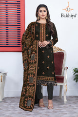 BAKHIYA - 3PC DHANAK EMBROIDERED SHIRT WITH LASER CUTTING SHAWL AND TROUSER - RB11106