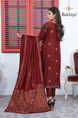 BAKHIYA - 3PC DHANAK EMBROIDERED SHIRT WITH LASER CUTTING SHAWL AND TROUSER - RB11104