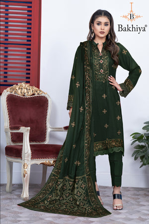 BAKHIYA - 3PC DHANAK EMBROIDERED SHIRT WITH LASER CUTTING SHAWL AND TROUSER - RB11101