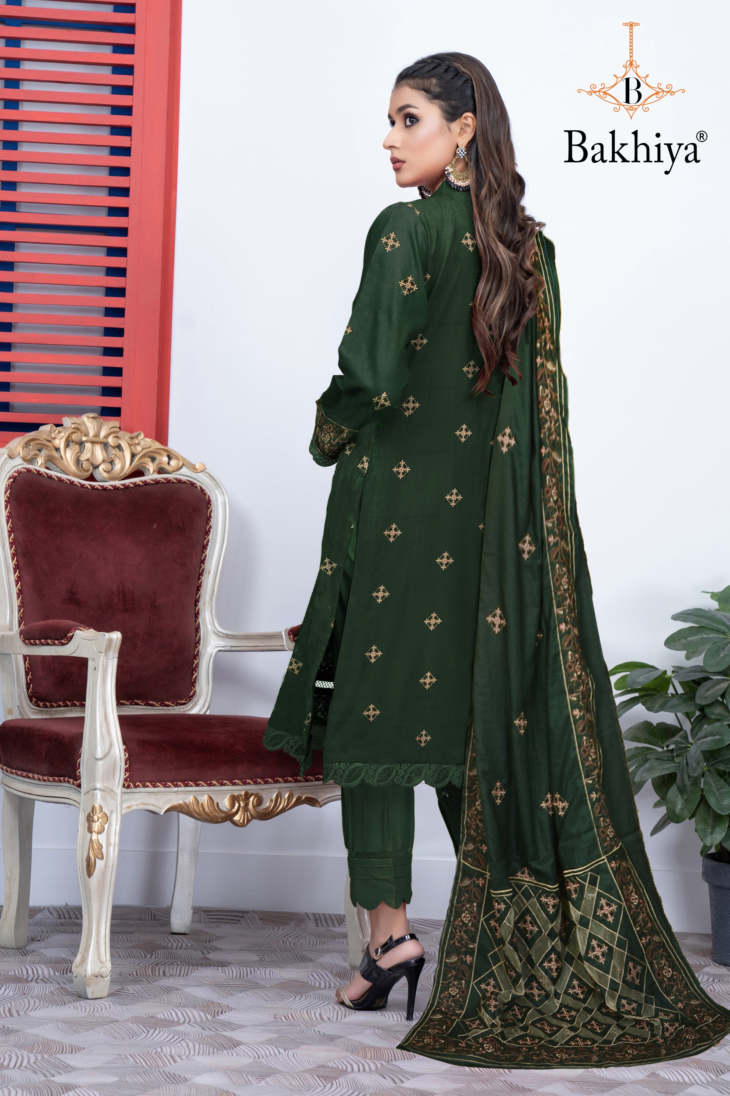 BAKHIYA - 3PC DHANAK EMBROIDERED SHIRT WITH LASER CUTTING SHAWL AND TROUSER - RB11101