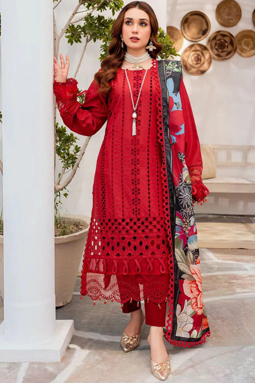 MARIA B - 3PC CHIKANKARI LAWN EMBROIDERED SHIRT WITH DIAMOND PRINTED DUPATTA AND TROUSER - RB11033