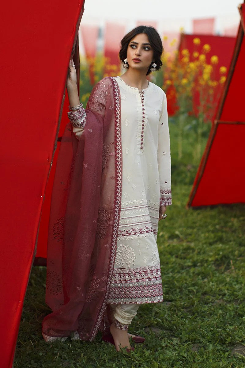 CROSS STITCH - 3PC LAWN CHICKENKARI SHIRT WITH CHIFFON EMBROIDERED DUPATTA AND TROUSER - RB11041