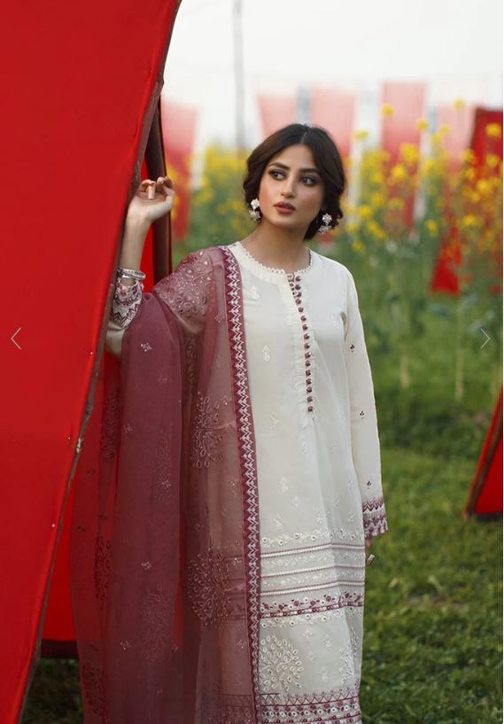 CROSS STITCH - 3PC LAWN CHICKENKARI SHIRT WITH CHIFFON EMBROIDERED DUPATTA AND TROUSER - RB11041