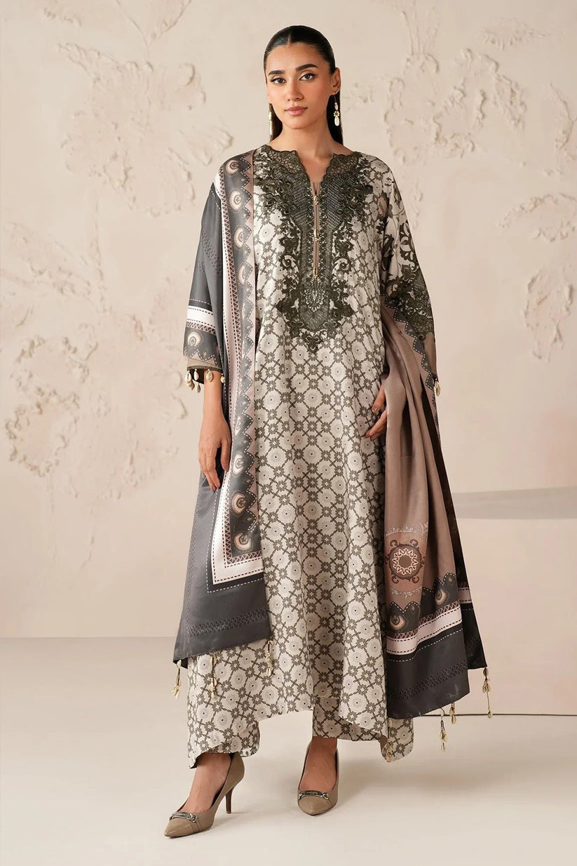 BAROQUE - 3PC PRINTED SHIRT WITH PATCHES AND CHIFFON DUPATA AND TROUSER - RB11180