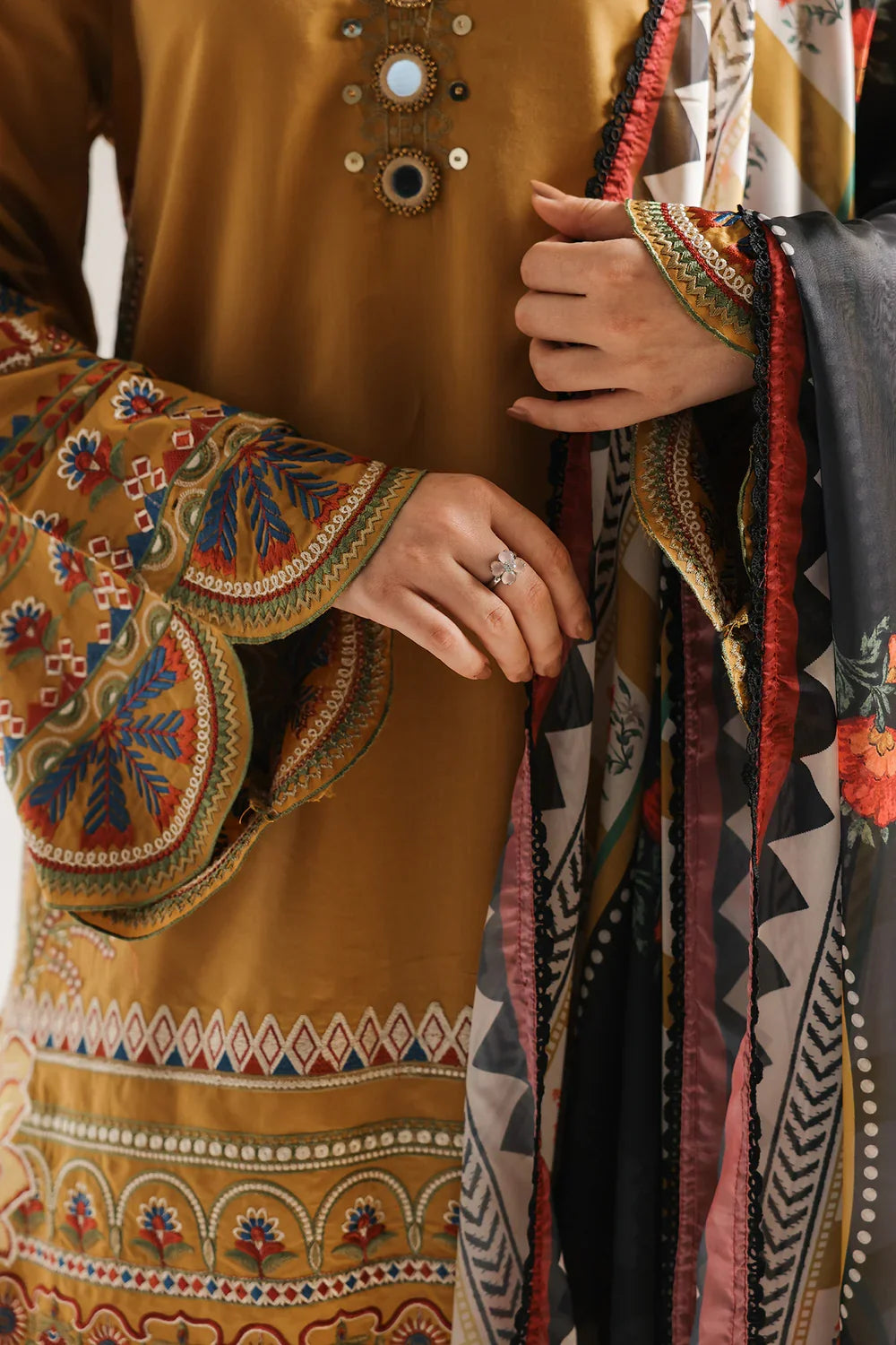 MERAJORA -3PC EMBROIDERED DHANAK SHIRT WITH PRINTED SHAWL AND TROUSER - RB11233