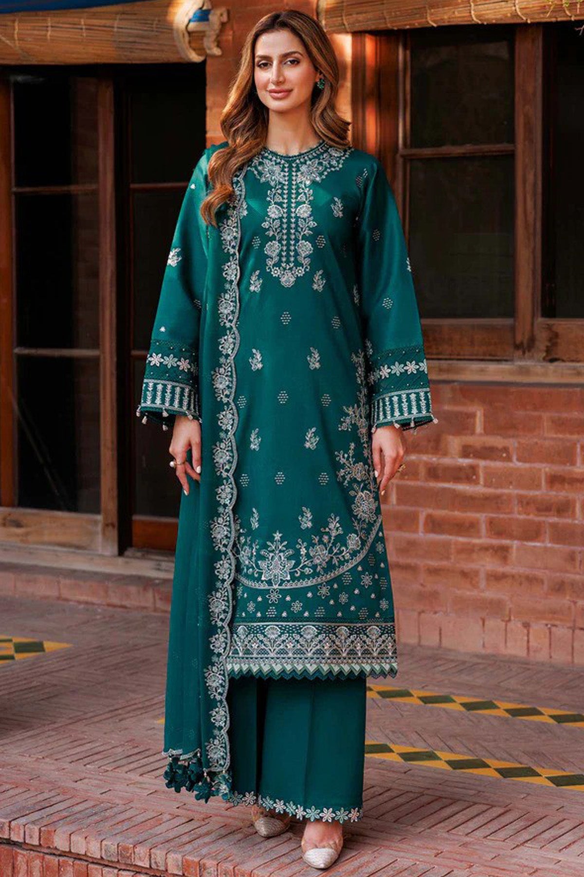 FARASHA - 3PC DHANAK EMBROIDERED SHIRT WITH DHANAK EMBROIDERED DUAPTTA AND TROUSER- RB11087