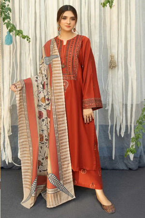 URGE - 3PC DHANAK EMBROIDERED SHIRT WITH PRINTED SHAWL AND TROUSER - RB11129