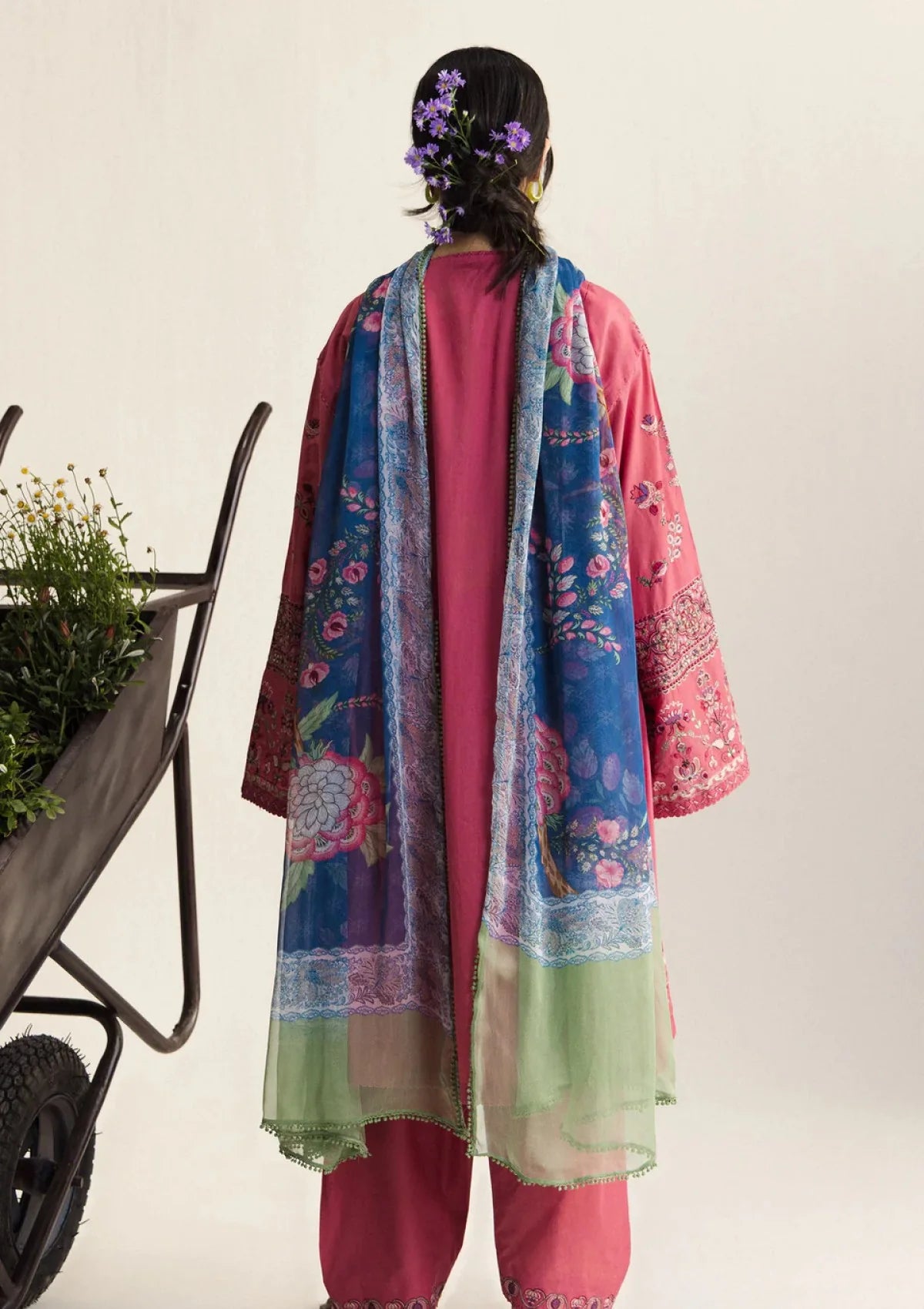 ZARA SHAHJAHAN- 3PC EMBROIDERED DHANAK SHIRT WITH PRINTED SHAWL AND TROUSER - RB11227