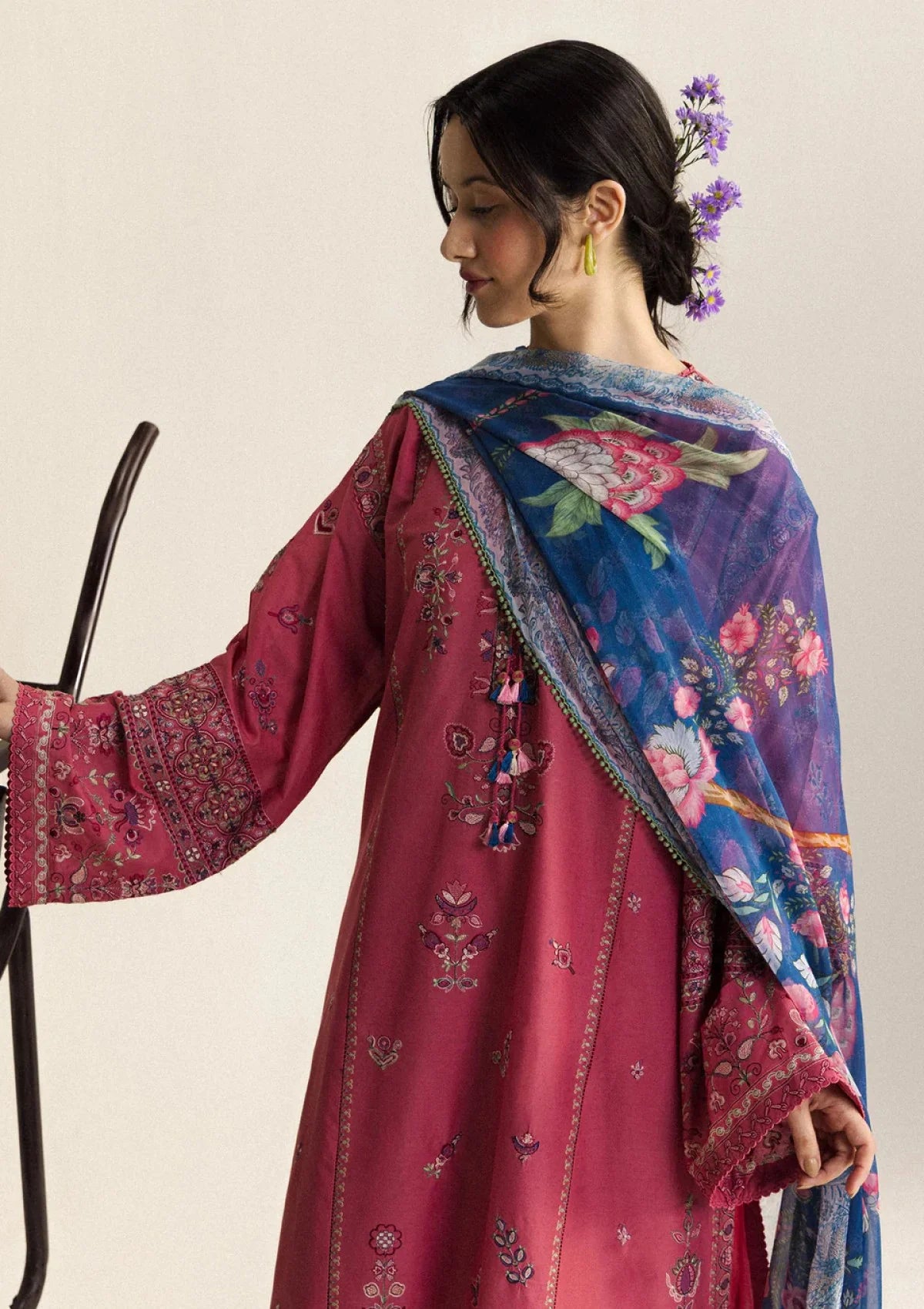 ZARA SHAHJAHAN- 3PC EMBROIDERED DHANAK SHIRT WITH PRINTED SHAWL AND TROUSER - RB11227