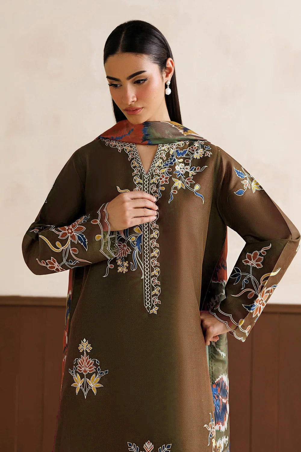 BAROQUE- 3PC EMBROIDERED DHANAK SHIRT WITH PRINTED SHAWL AND TROUSER - RB11228