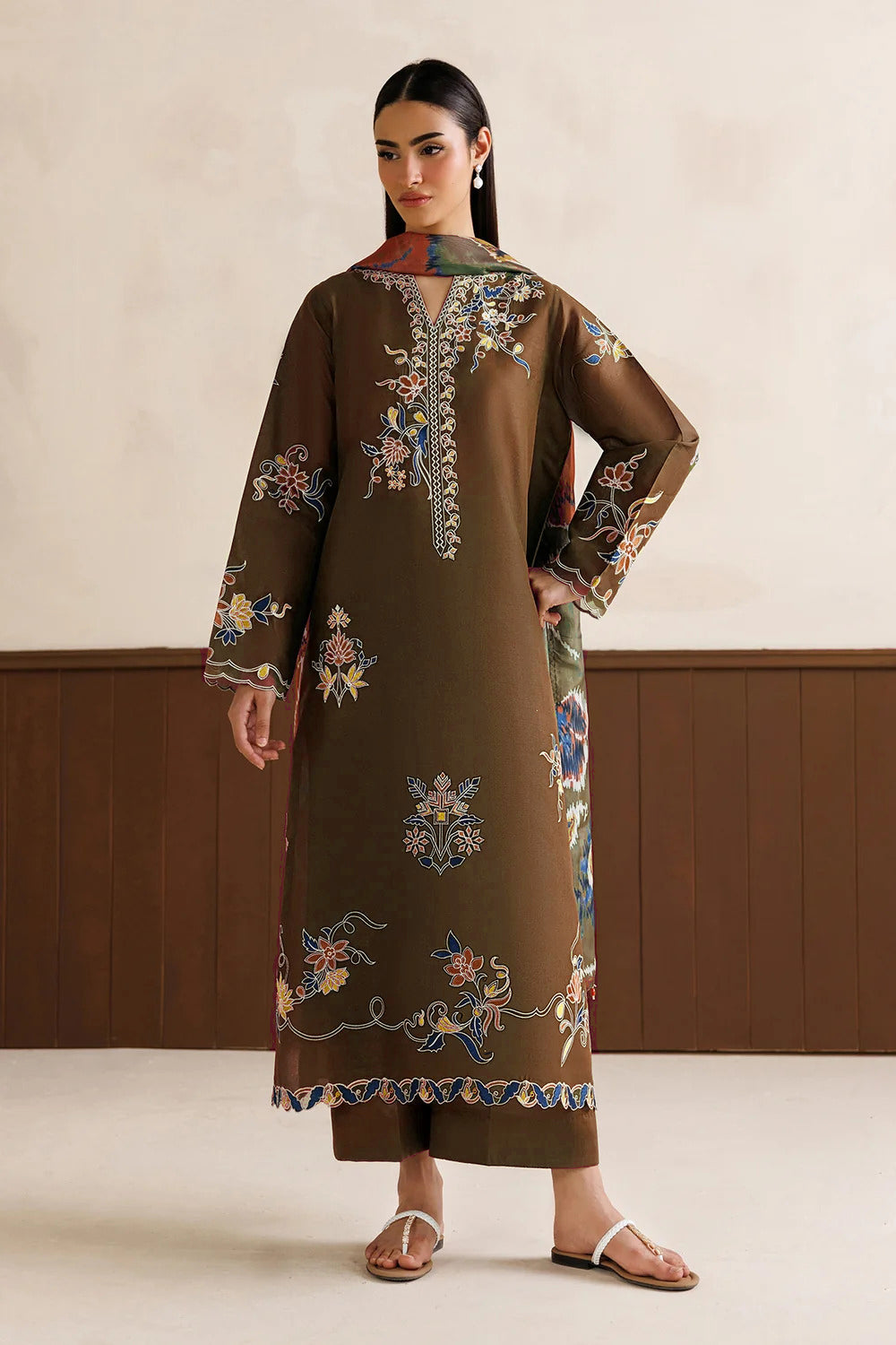 BAROQUE- 3PC EMBROIDERED DHANAK SHIRT WITH PRINTED SHAWL AND TROUSER - RB11228