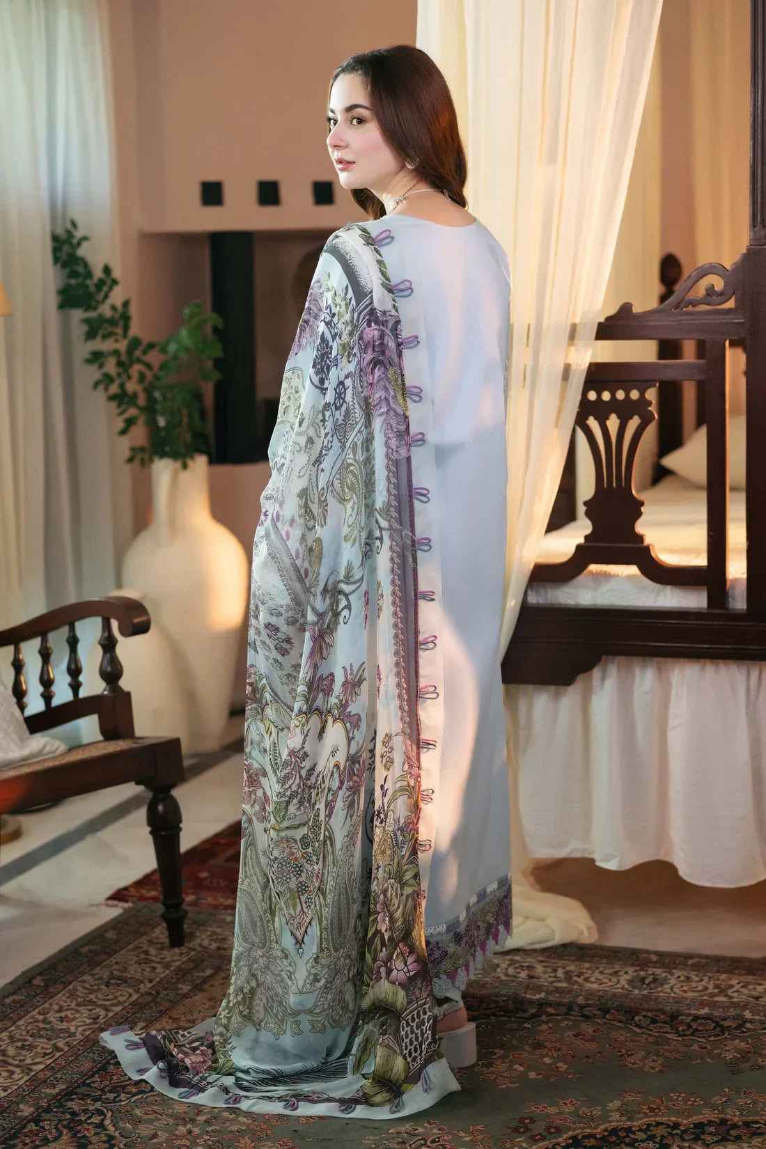 RANG RASIYA-3PC EMBROIDERED DHANAK SHIRT WITH PRINTED SHAWL AND TROUSER - RB11229