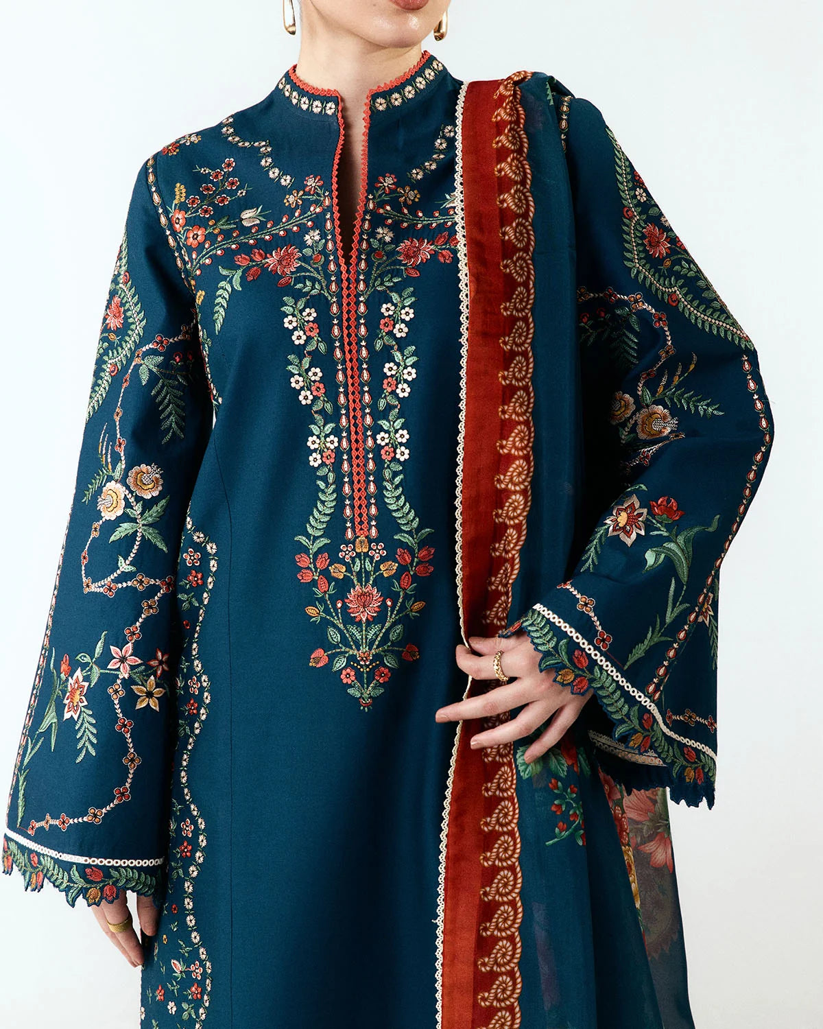 JUGNU-3PC EMBROIDERED DHANAK SHIRT WITH PRINTED SHAWL AND TROUSER - RB11230