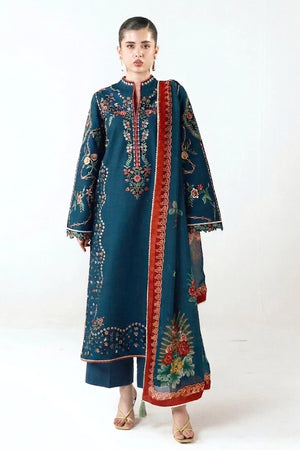 JUGNU-3PC EMBROIDERED DHANAK SHIRT WITH PRINTED SHAWL AND TROUSER - RB11230