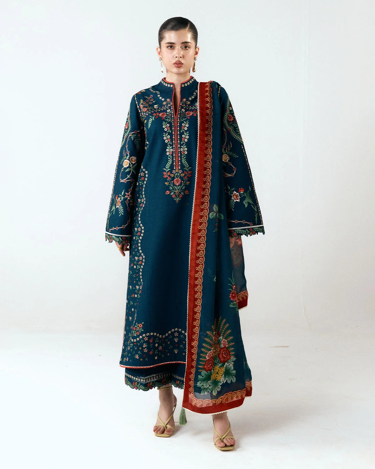 JUGNU-3PC EMBROIDERED DHANAK SHIRT WITH PRINTED SHAWL AND TROUSER - RB11230