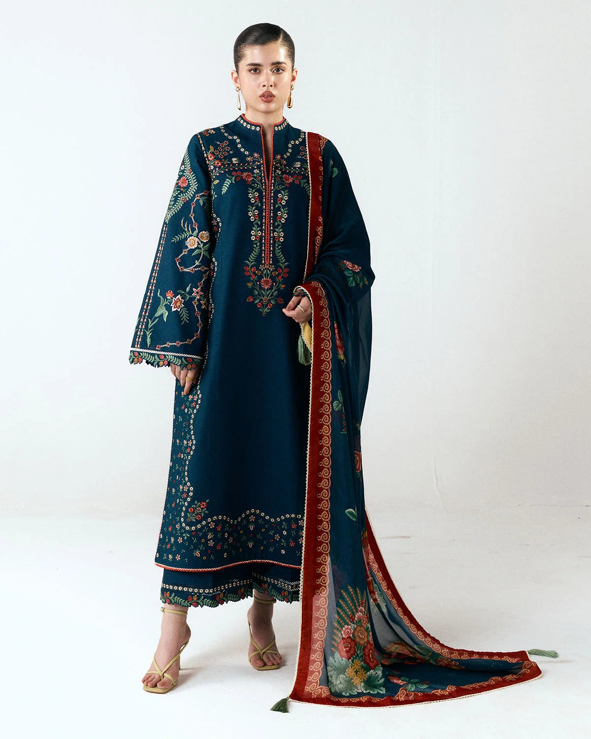 JUGNU-3PC EMBROIDERED DHANAK SHIRT WITH PRINTED SHAWL AND TROUSER - RB11230