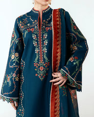 JUGNU-3PC EMBROIDERED DHANAK SHIRT WITH PRINTED SHAWL AND TROUSER - RB11230