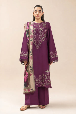 BEECHTREE-3PC EMBROIDERED DHANAK SHIRT WITH PRINTED SHAWL AND TROUSER - RB11232